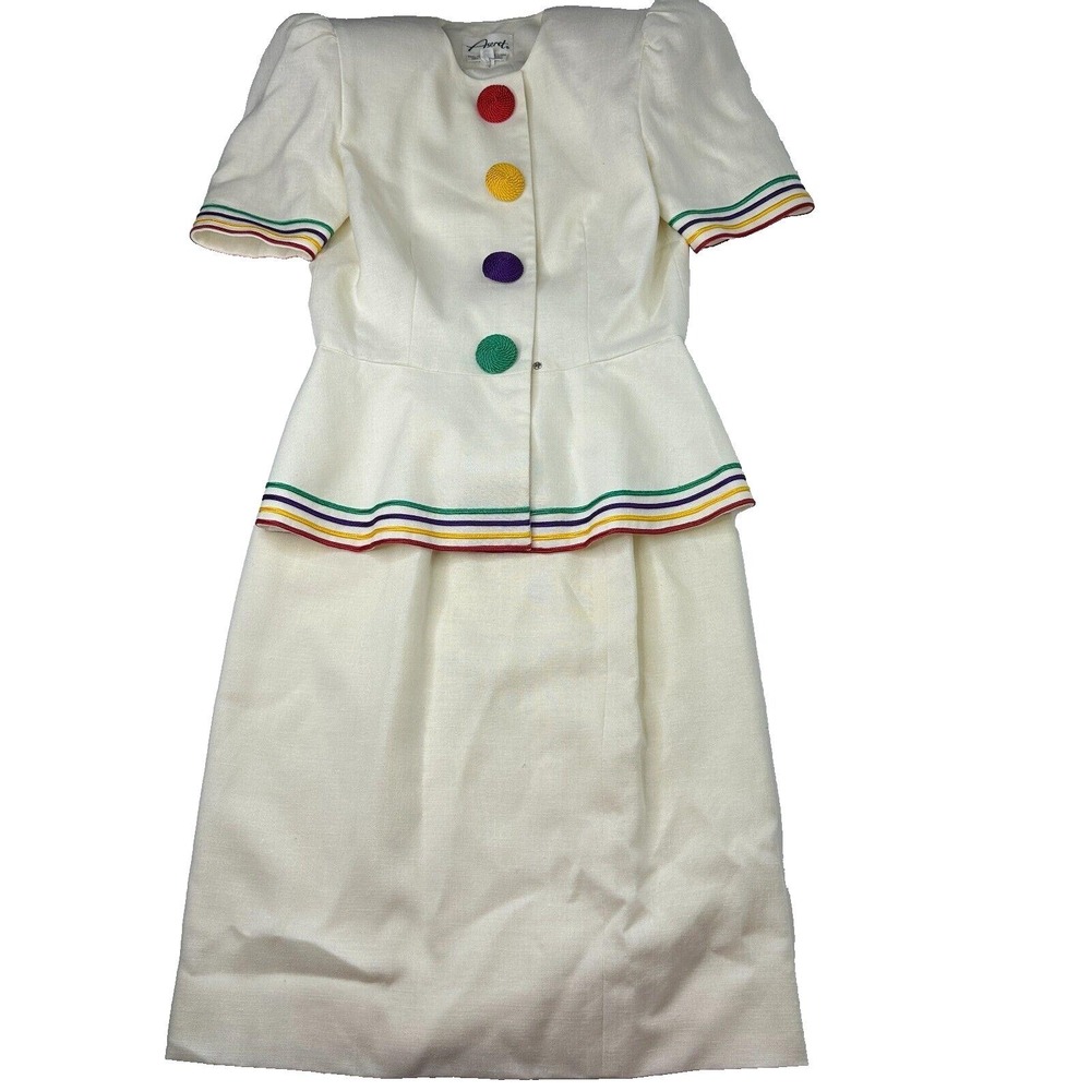 Aseret Womens Vintage White Jacket Dress Rainbow Trim Buttons Size 4